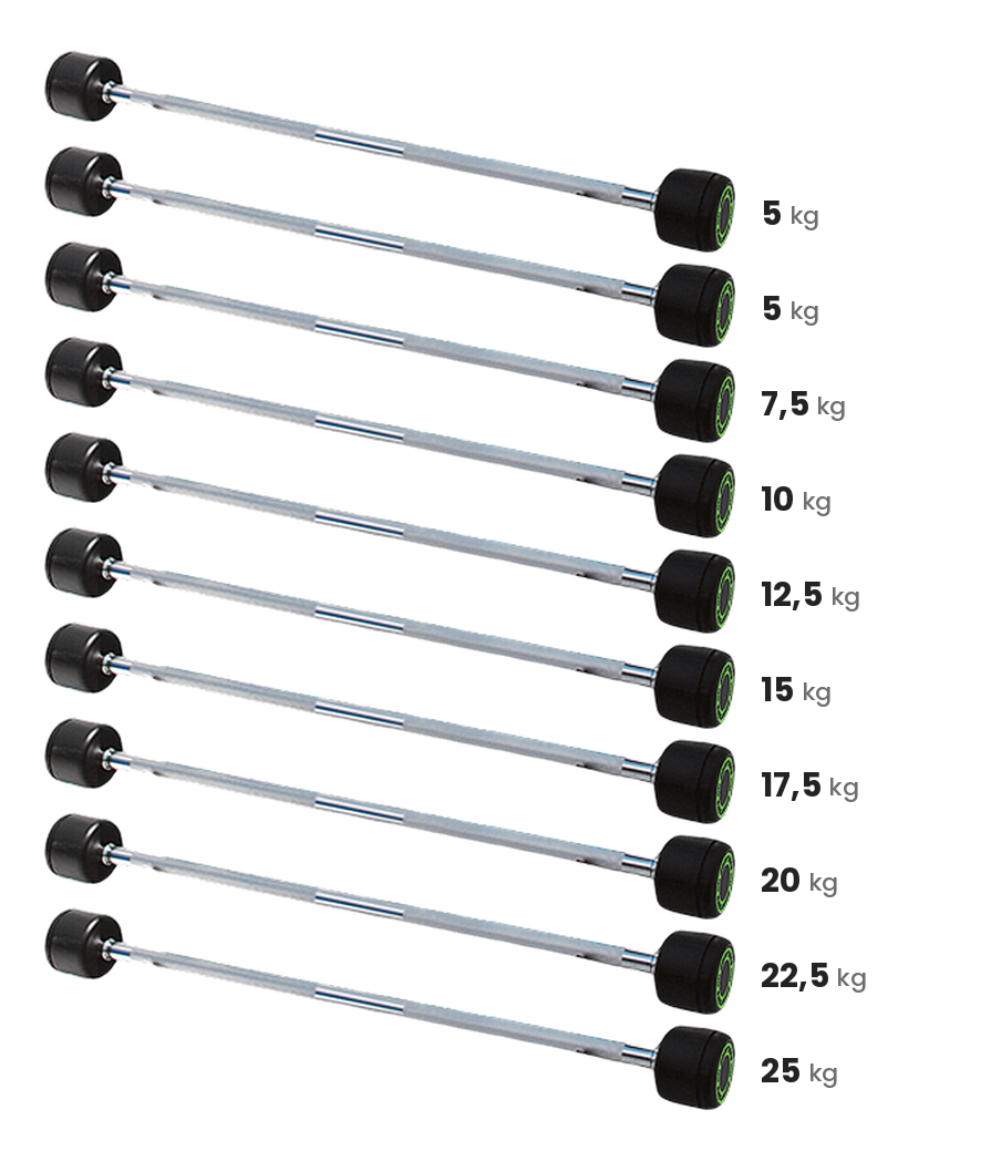 Set of 10 fixed-weight barbells from 5 to 25 kg BS-H
